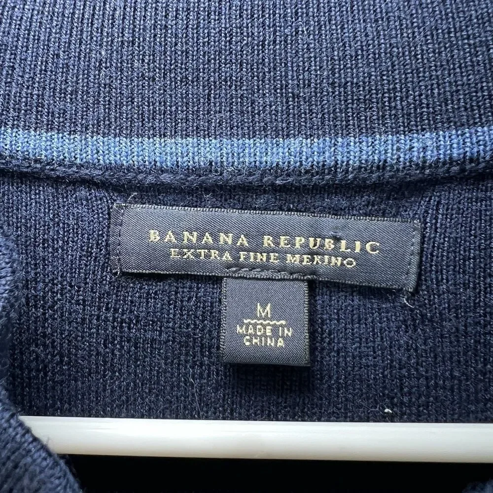 Banana Republic Extra Fine Merino Wool Sweater Mens Medium Navy 1/4 Snap Mock